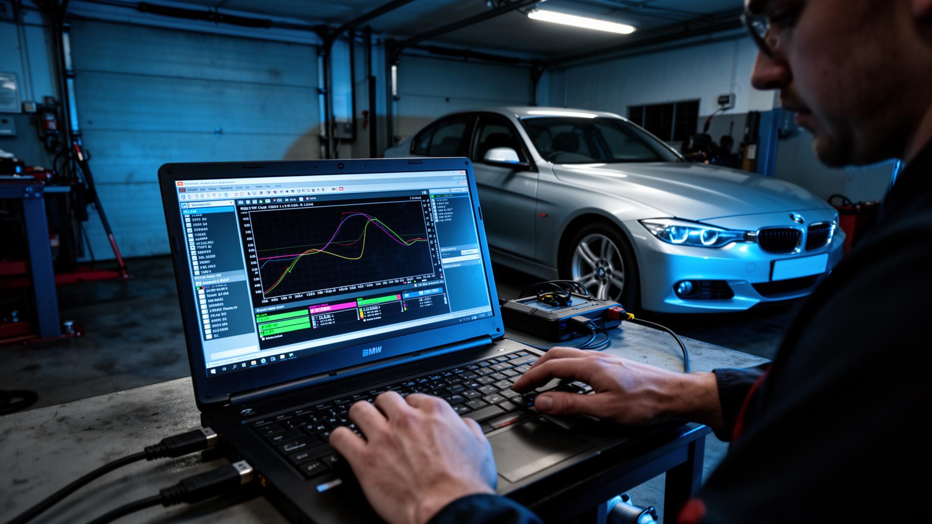 Technician tuning a BMW in a professional garage